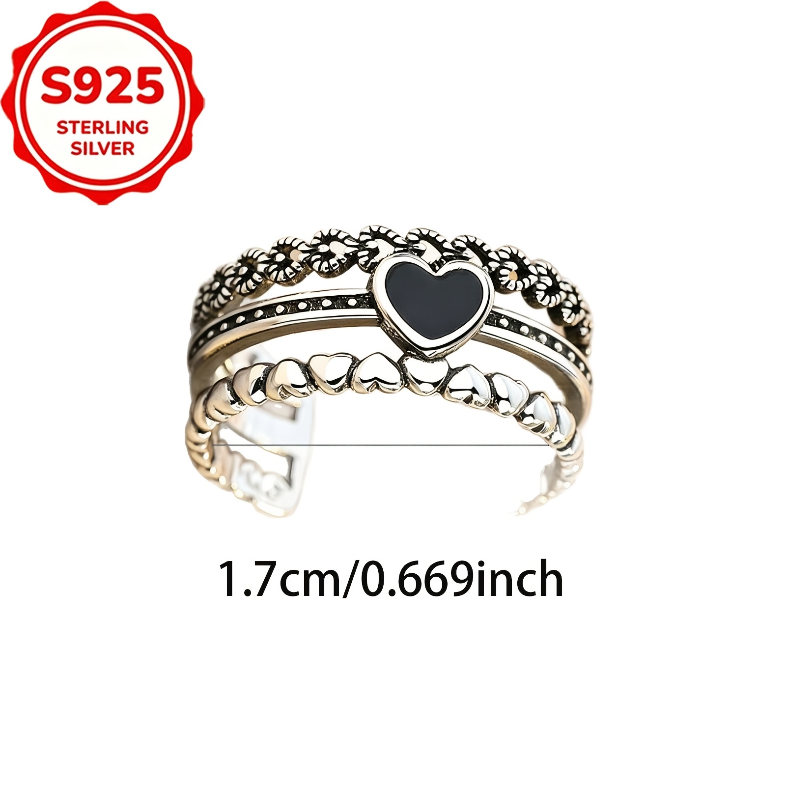 Women's S925 Silver Black Resin Heart Open Ring, Elegant Gift